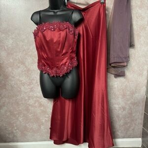 Elegant Maroon Strapless Beaded Gown Set